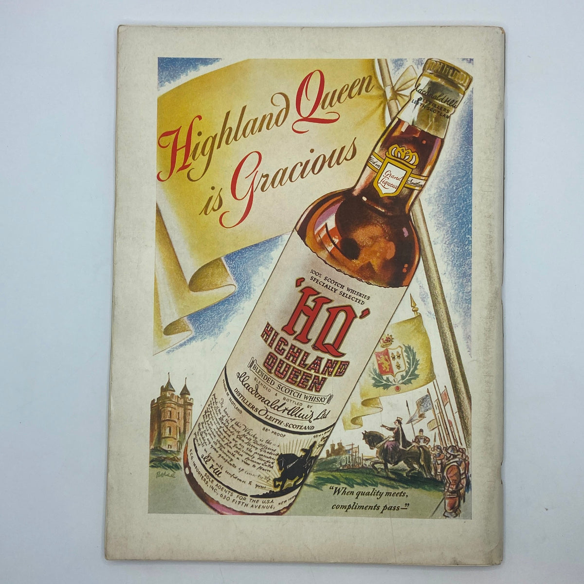 Advertisement page from The New Yorker magazine, December 14, 1940, featuring a vintage whiskey advertisement for 'Highland Queen,' highlighting the product with colorful graphics and a historical context.