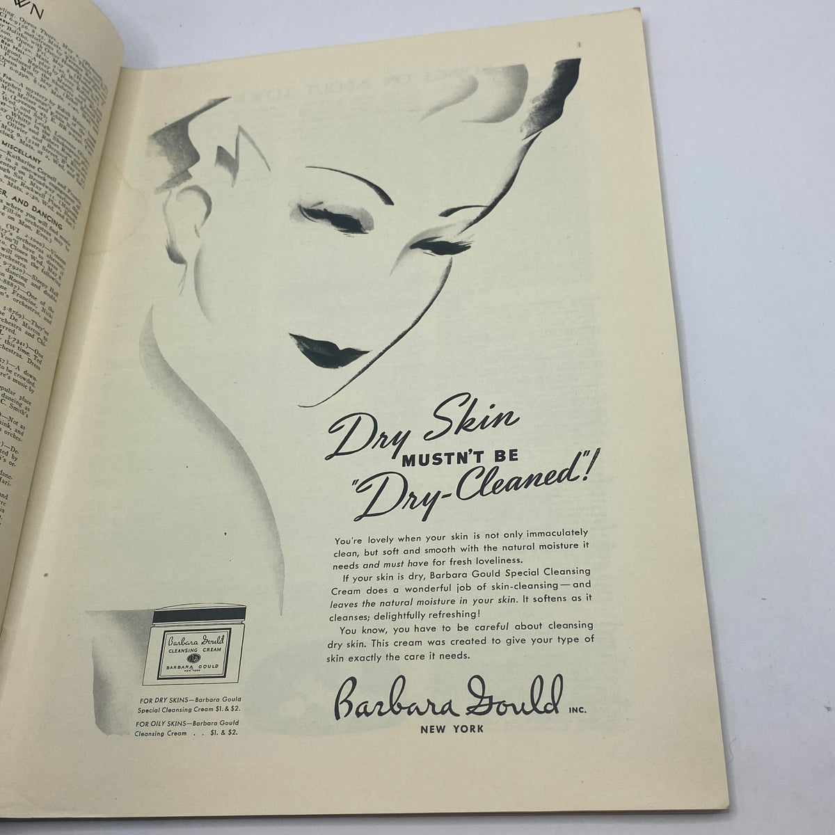 Advertisement for Barbara Gould Special Cleansing Cream featuring a graceful illustration of a woman’s face and the text 'Dry Skin Mustn’t Be Dry-Cleaned!' from The New Yorker Complete Magazine May 4, 1940.