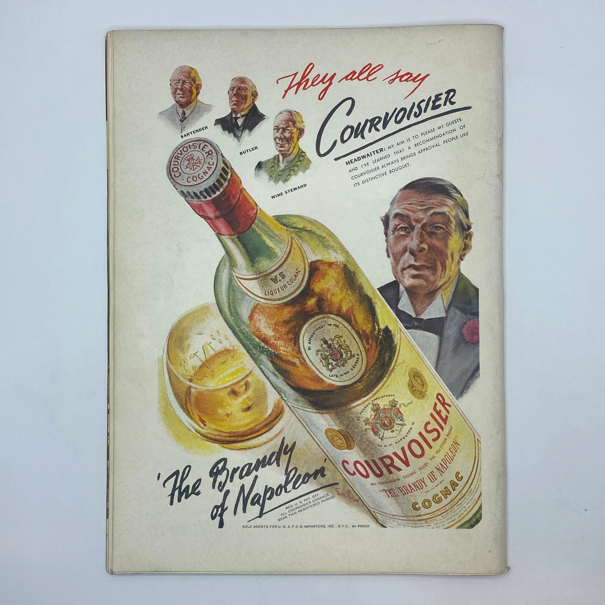 Vintage advertisement for Courvoisier Cognac displaying a bottle and branding, accompanied by illustrations of gentlemen and the tagline 'The Brandy of Napoleon' from The New Yorker Complete Magazine May 4, 1940.