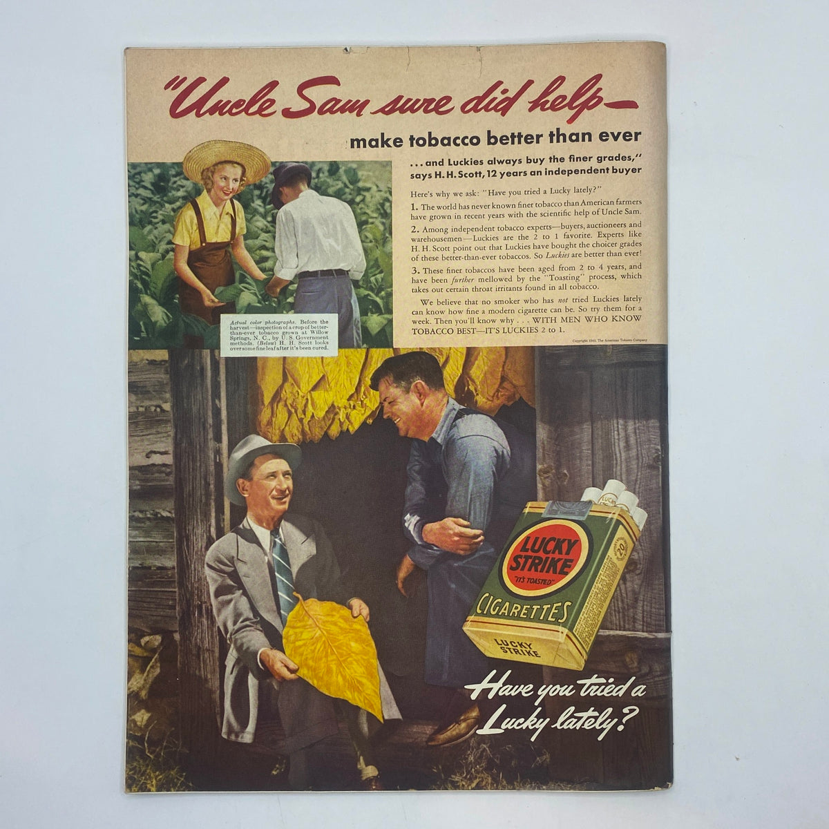 Vintage advertisement from The New Yorker Complete Magazine April 20, 1940 featuring a scene with tobacco farmers and a discussion about Lucky Strike cigarettes.