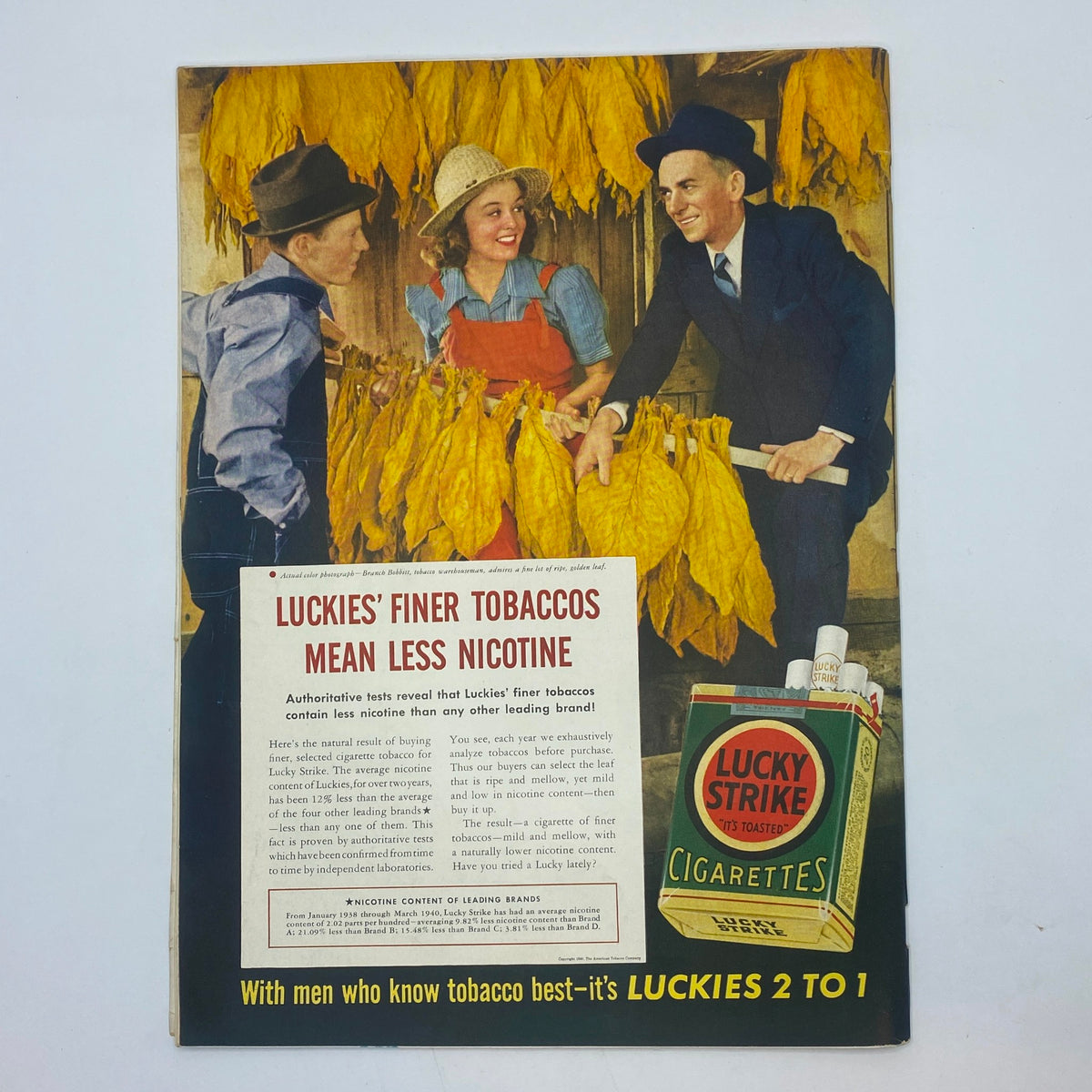 Advertisement in The New Yorker magazine from July 20, 1940, highlighting Luckies cigarettes with a colorful image of three people interacting in a tobacco setting, reflecting vintage marketing strategies.