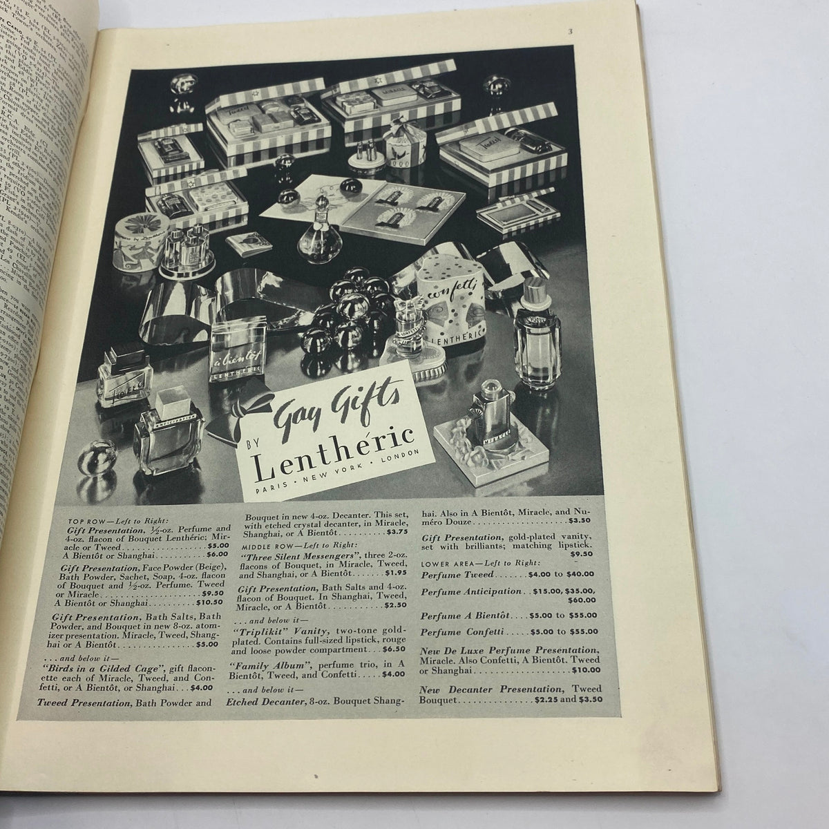 Advertisement for Gay Gifts by Lentheric in The New Yorker Complete Magazine December 7, 1940, showcasing luxury gift items including perfumes and decanters.