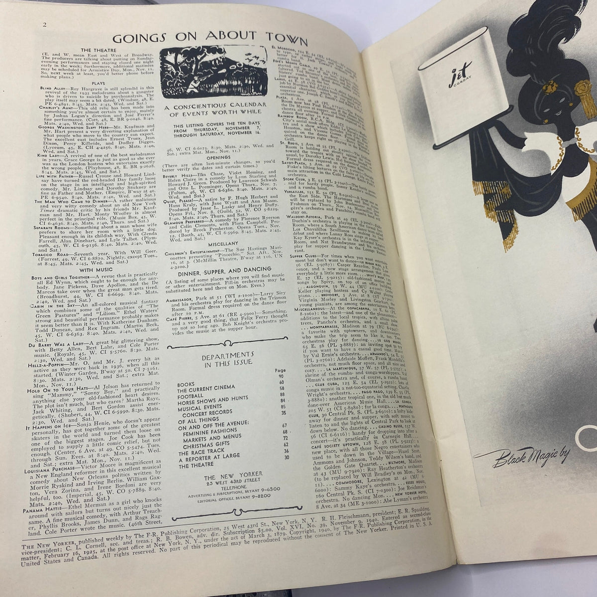 Interior page of The New Yorker magazine dated November 9, 1940, featuring the section 'Goings on About Town' with a calendar of events and listings, showcasing vintage editorial design and typography.
