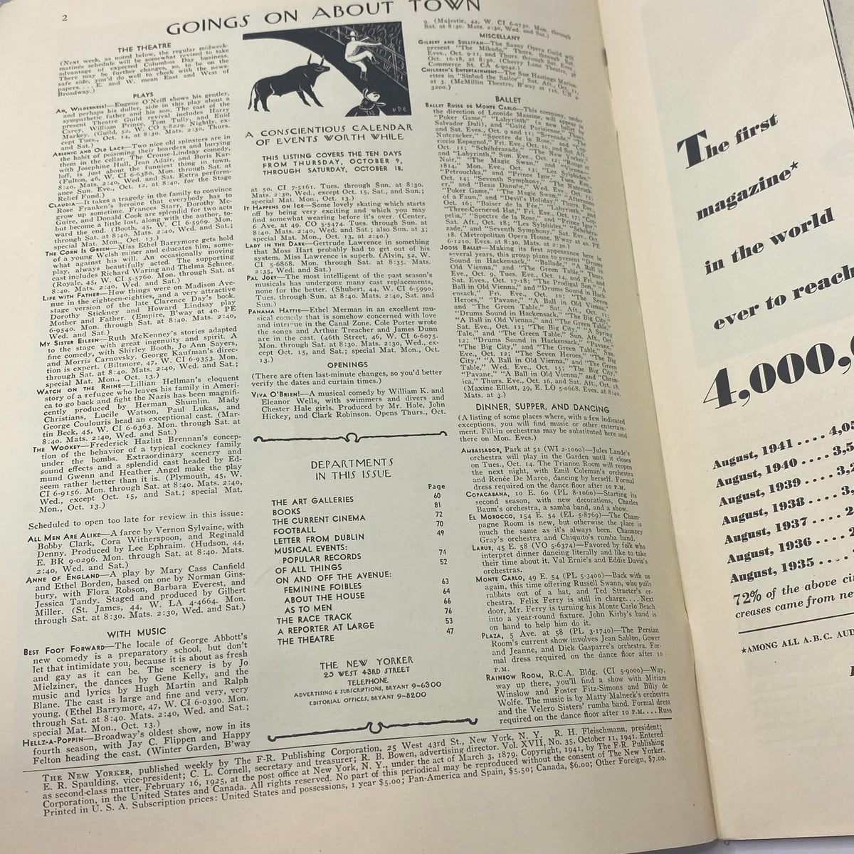 Inside page of The New Yorker Complete Magazine October 11, 1941 displaying the 'Goings On About Town' section with events and listings.