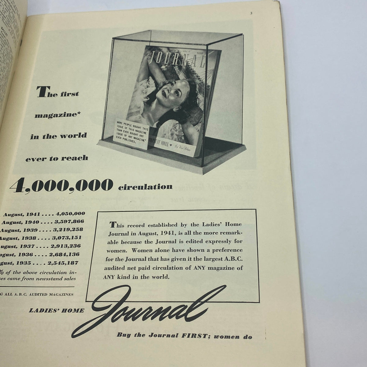 Inside page of The New Yorker Complete Magazine October 11, 1941 featuring an advertisement for Ladies' Home Journal, highlighting its historical circulation.