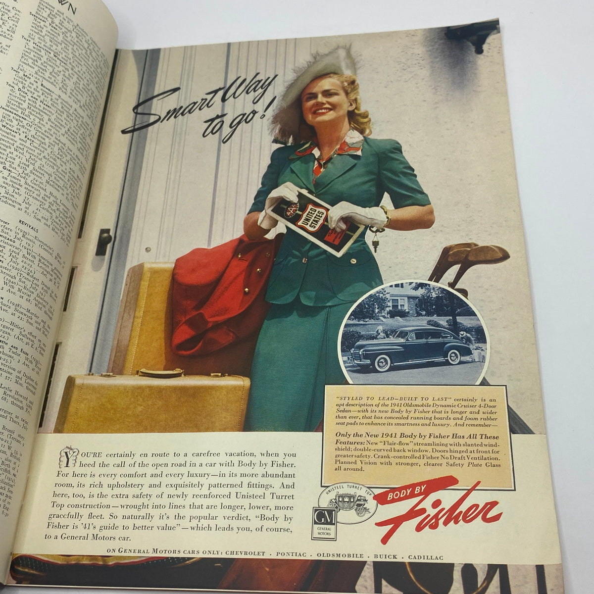 Inside page of The New Yorker July 19, 1941 featuring an advertisement for Body By Fisher with a stylish woman ready for vacation.