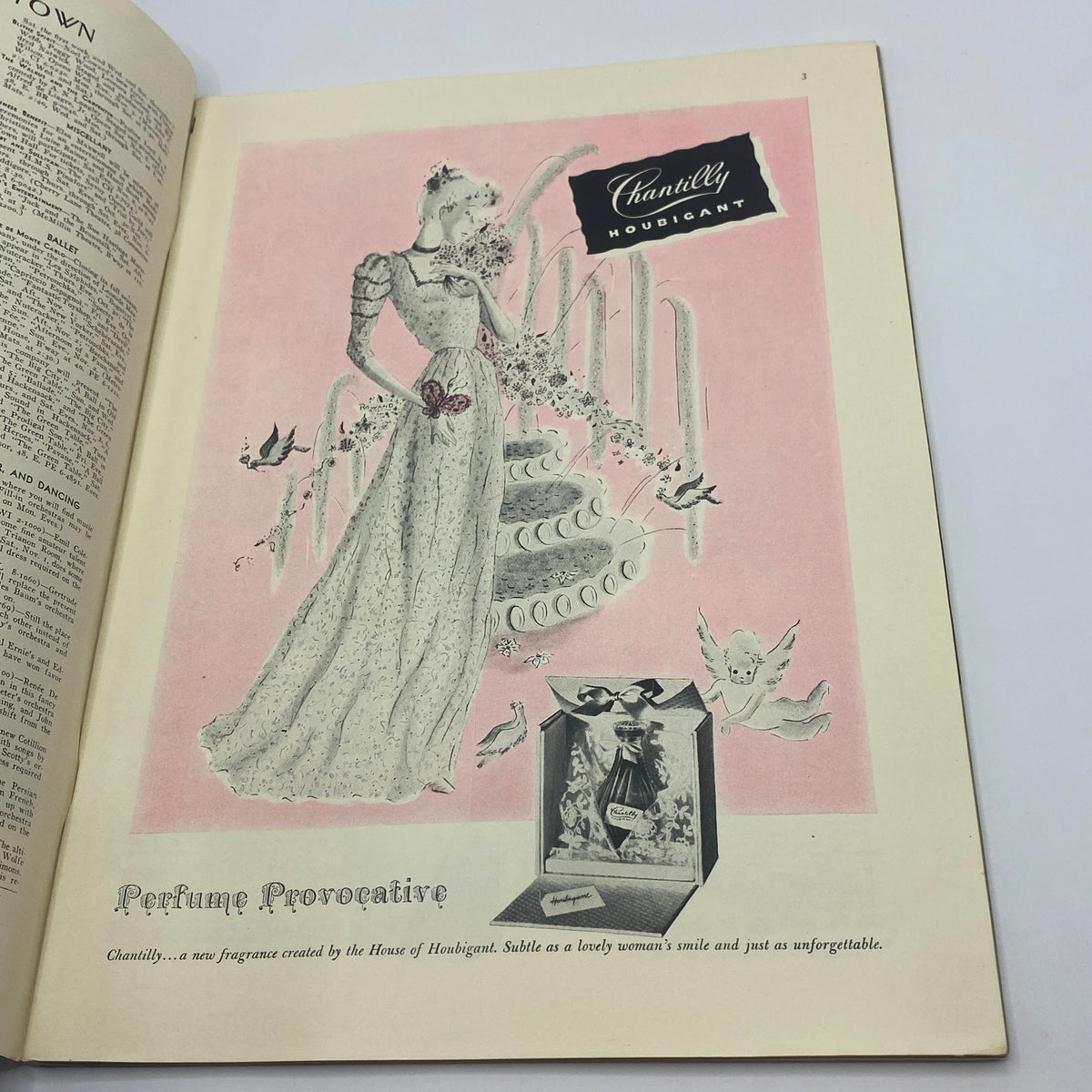 Advertisement page from The New Yorker, November 1, 1941 edition, showcasing a fashion illustration for the 'Chantilly' perfume by Houbigant.