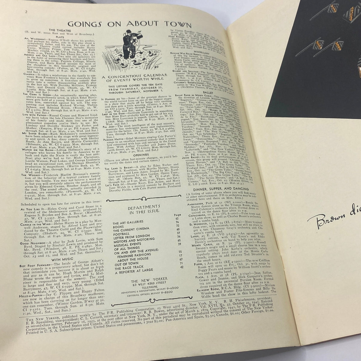 Interior page of The New Yorker magazine from October 25, 1941, featuring event listings and calendar titled 'Goings on About Town'. This vintage magazine is from a complete issue with a Perry Barlow cover in very good condition.
