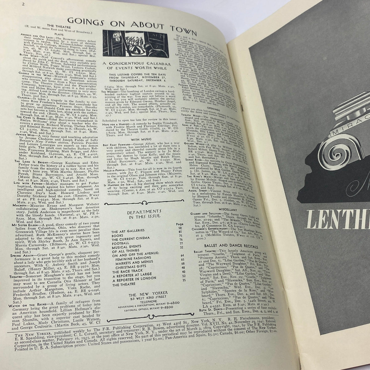 Inside view of The New Yorker Complete Magazine November 29, 1941, showcasing articles and features, with a focus on the calendar of events and magazine departments.