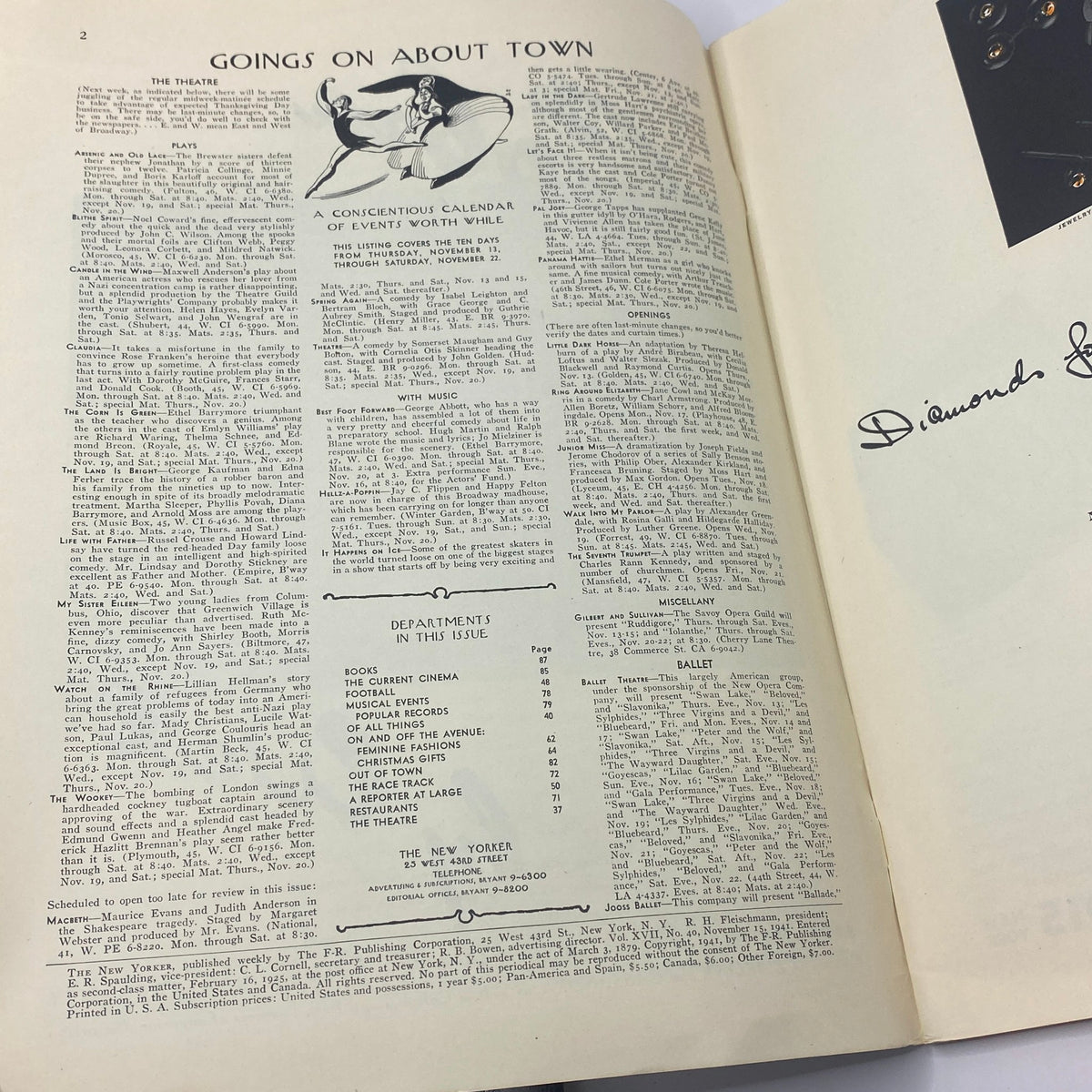 Interior page of The New Yorker Complete Magazine, November 15, 1941. Features a section titled 'Goings on About Town' outlining cultural events, plays, and details from the era, along with a calendar and department list. This magazine, with a cover by Arthur Getz, captures historical cultural insights.