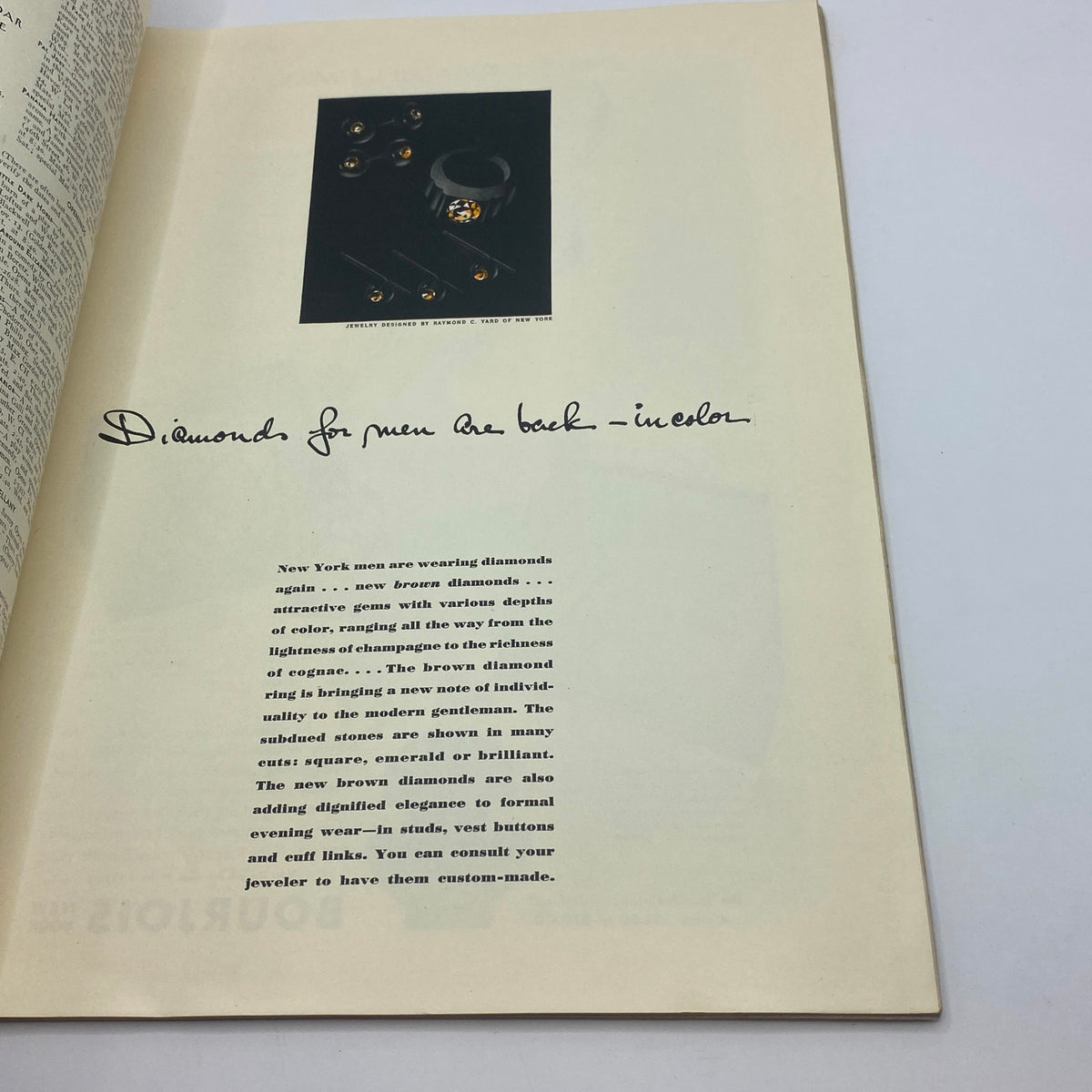 Interior page of The New Yorker Complete Magazine November 15, 1941 featuring an advertisement for men's diamonds with a focus on brown diamonds, showcasing elegant jewelry designs.