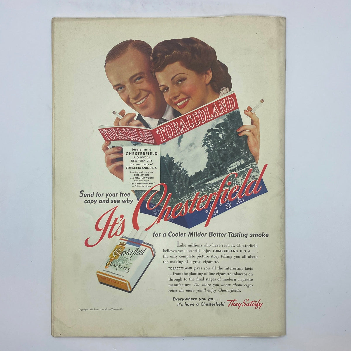 Vintage advertisement from The New Yorker magazine featuring a smiling couple promoting Chesterfield cigarettes, illustrated with a picturesque landscape, related to The New Yorker Complete Magazine September 6, 1941.