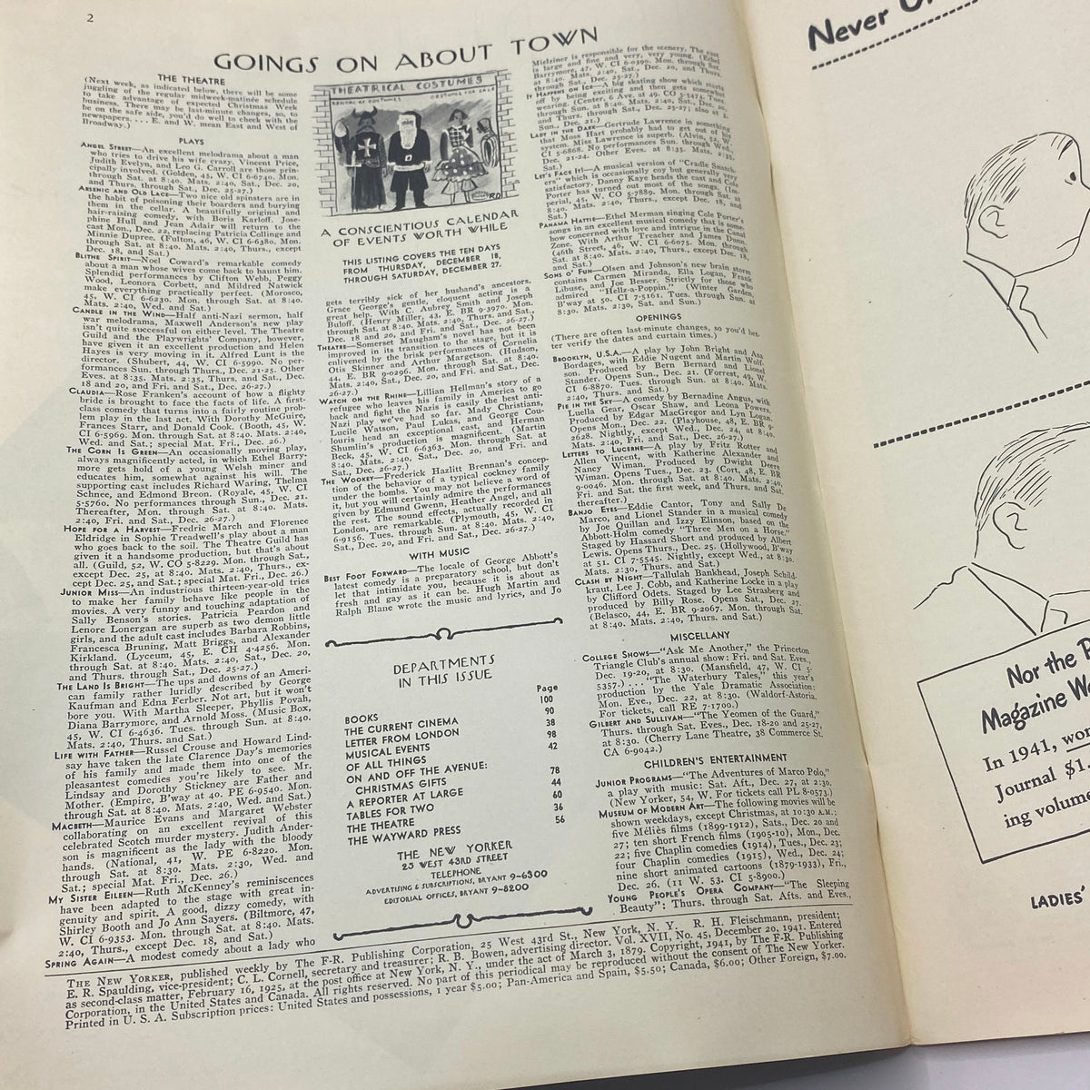 Inside page of The New Yorker magazine from December 20, 1941, featuring the section 'Goings On About Town' with articles and events. Unique insights into early 1940s culture.