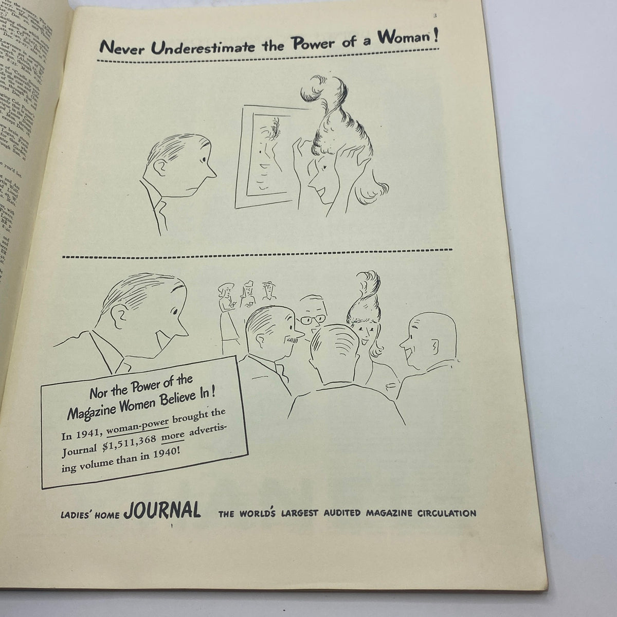 Cartoon page from The New Yorker magazine December 20, 1941, with the title 'Never Underestimate the Power of a Woman!' showcasing humorous illustrations and commentary.