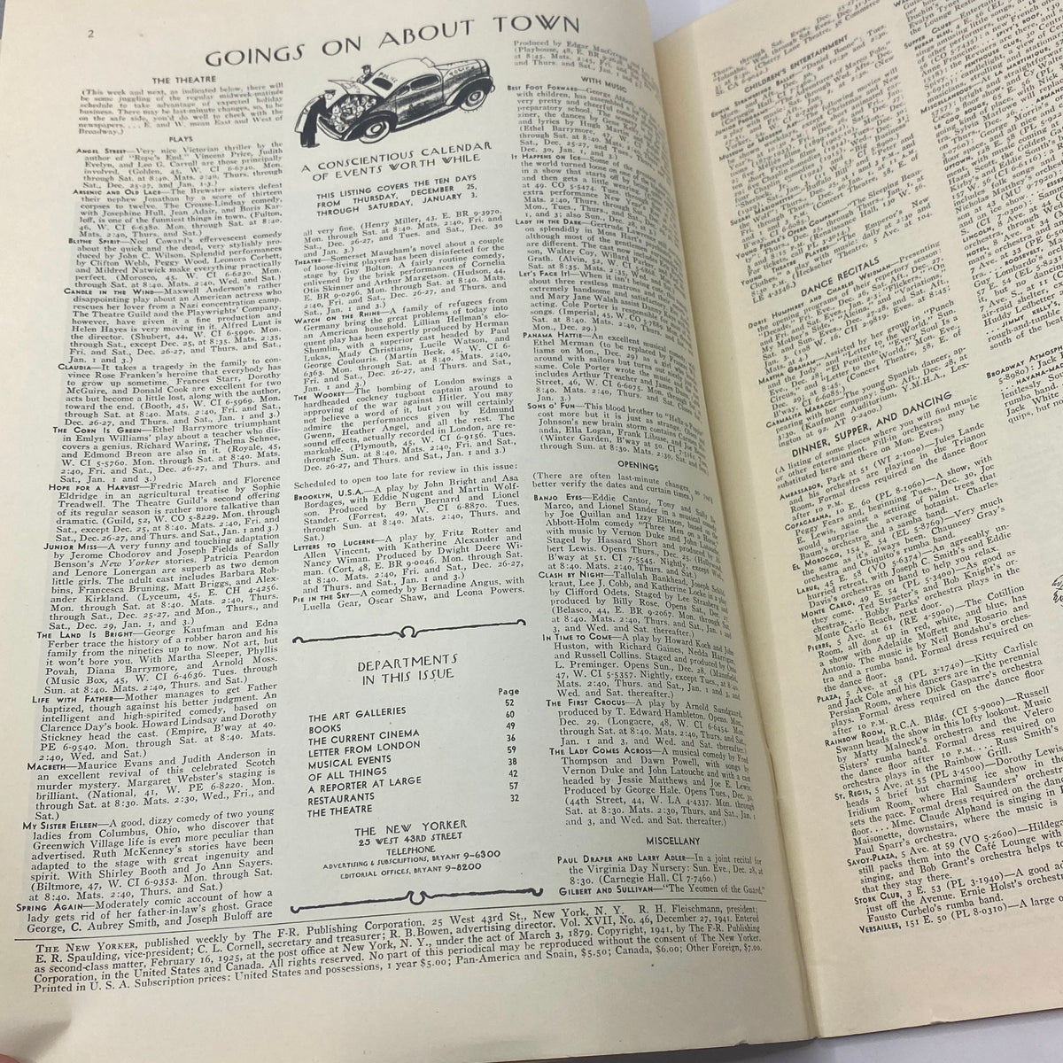 Interior view of The New Yorker magazine from December 27, 1941, showcasing 'Goings on About Town' section with listings and events, printed on vintage paper.