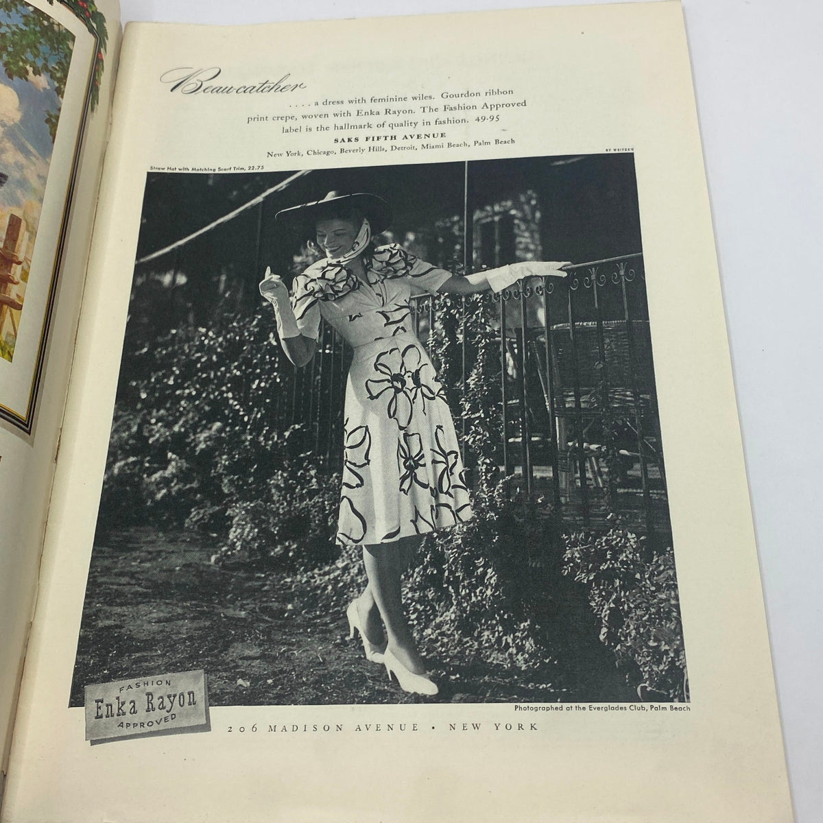 Fashion advertisement in The New Yorker magazine dated December 27, 1941, featuring a woman in a floral dress and stylish hat, promoting Saks Fifth Avenue.