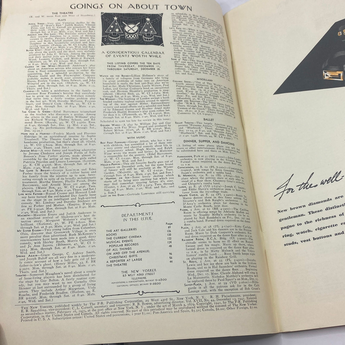 Inside page of The New Yorker Complete Magazine December 13, 1941, titled 'Goings On About Town,' featuring a calendar of events and listings from that era.