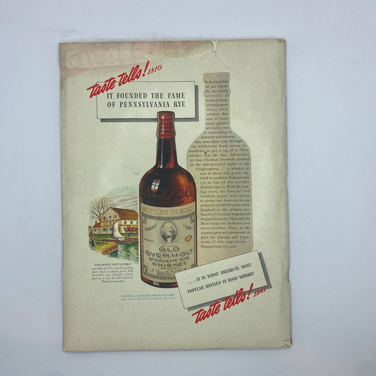 Back cover of The New Yorker Complete Magazine December 13, 1941, showcasing an advertisement for Old Overholt Pennsylvania Rye Whiskey, highlighting its historical significance.