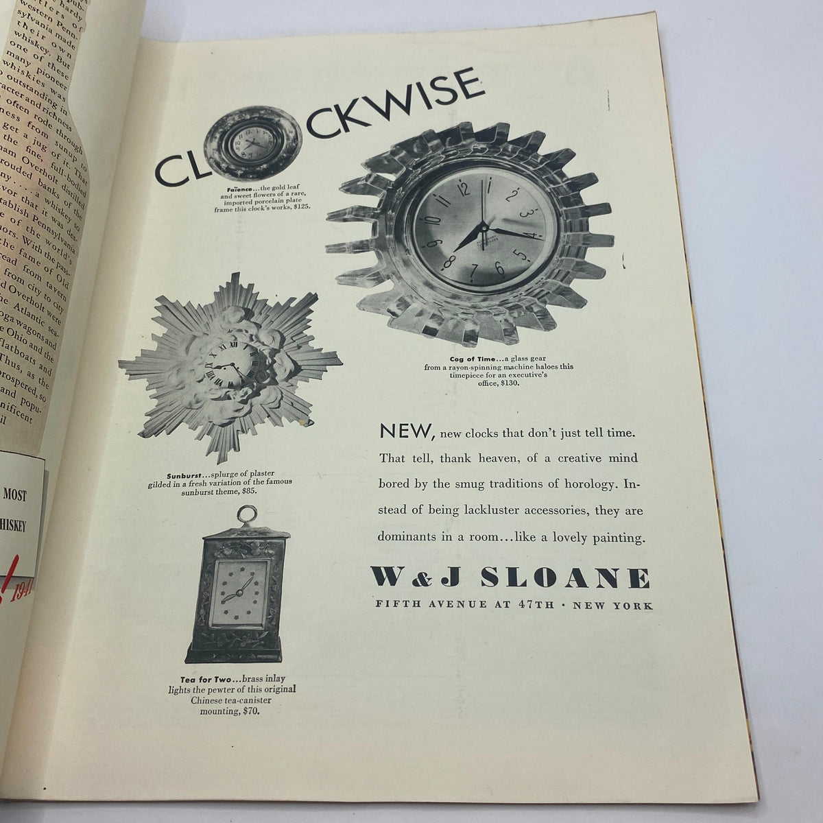 Advertisement page from The New Yorker magazine dated August 2, 1941, showcasing new and stylish clocks for sale from W&J Sloane, emphasizing their artistic design.