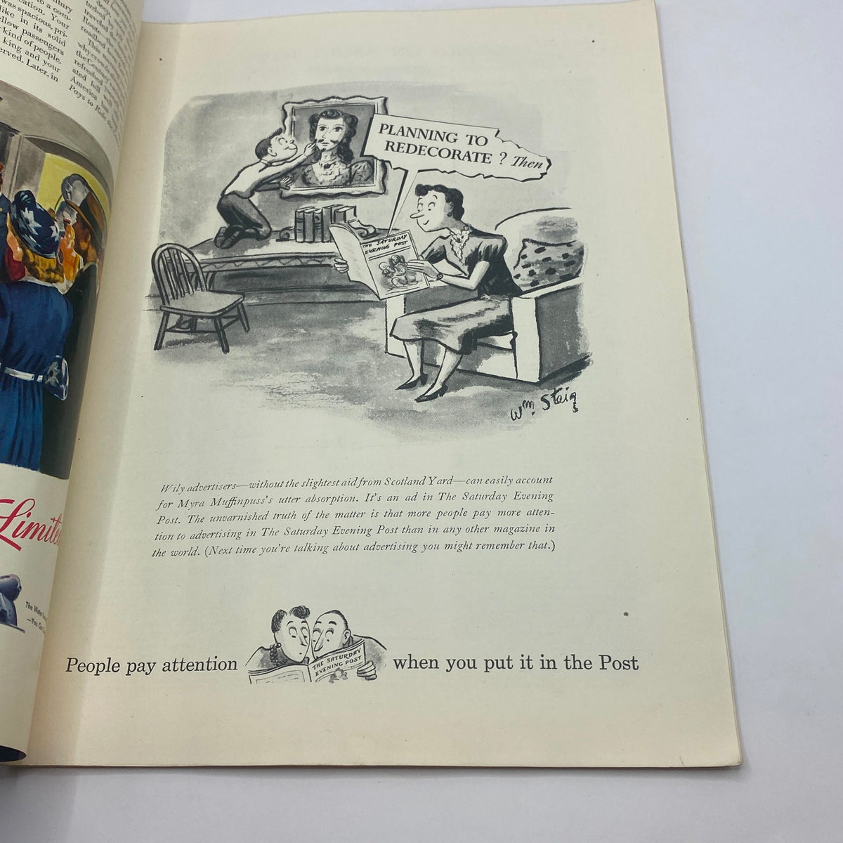 Inside page of The New Yorker magazine from August 9, 1941, featuring a humorous cartoon illustration related to home decoration and advertising, along with text discussing the impact of advertising in The Saturday Evening Post.