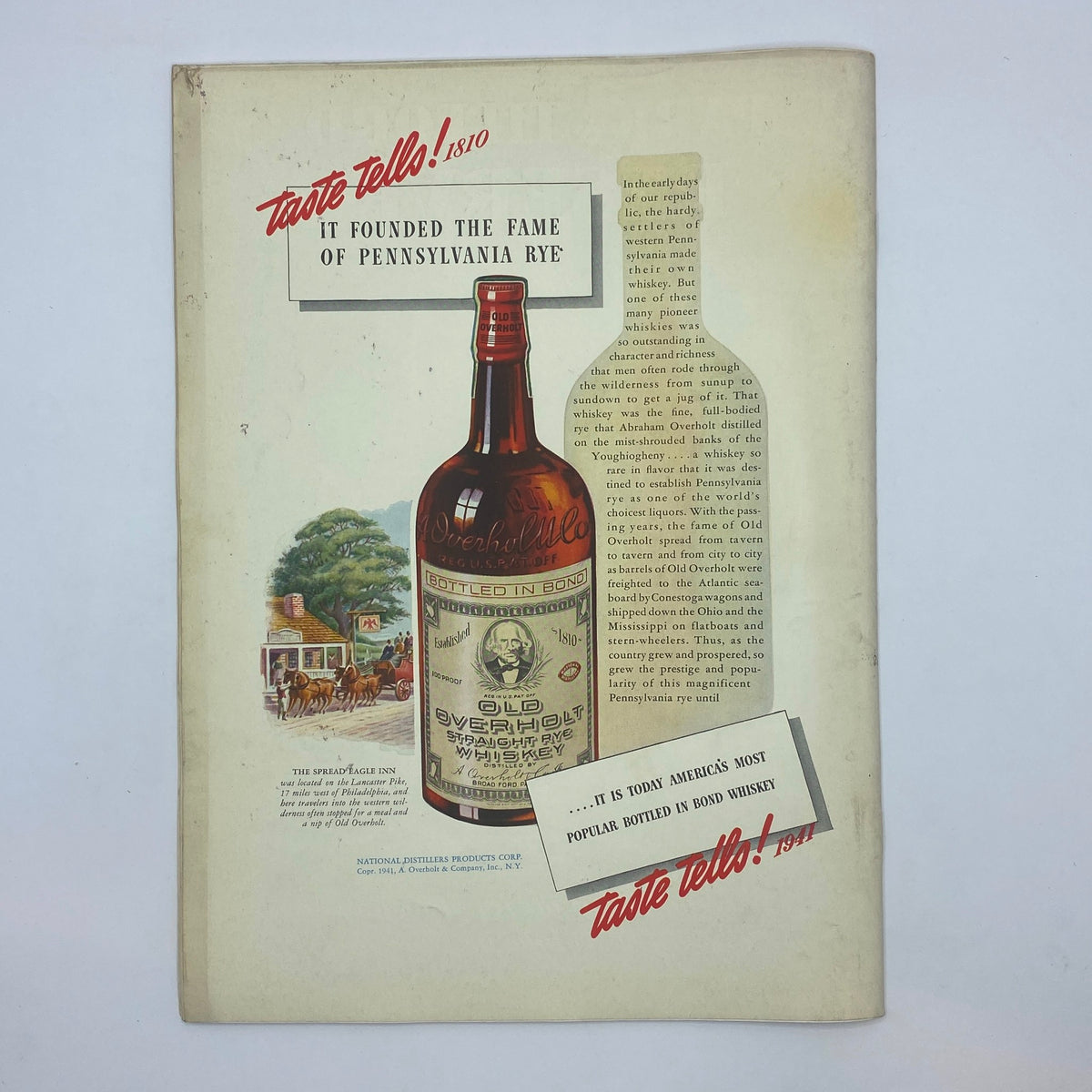 Historical advertisement for Old Overholt Straight Rye Whiskey, published in The New Yorker magazine, September 13, 1941, highlighting its connection to Pennsylvania rye and vintage whiskey production.