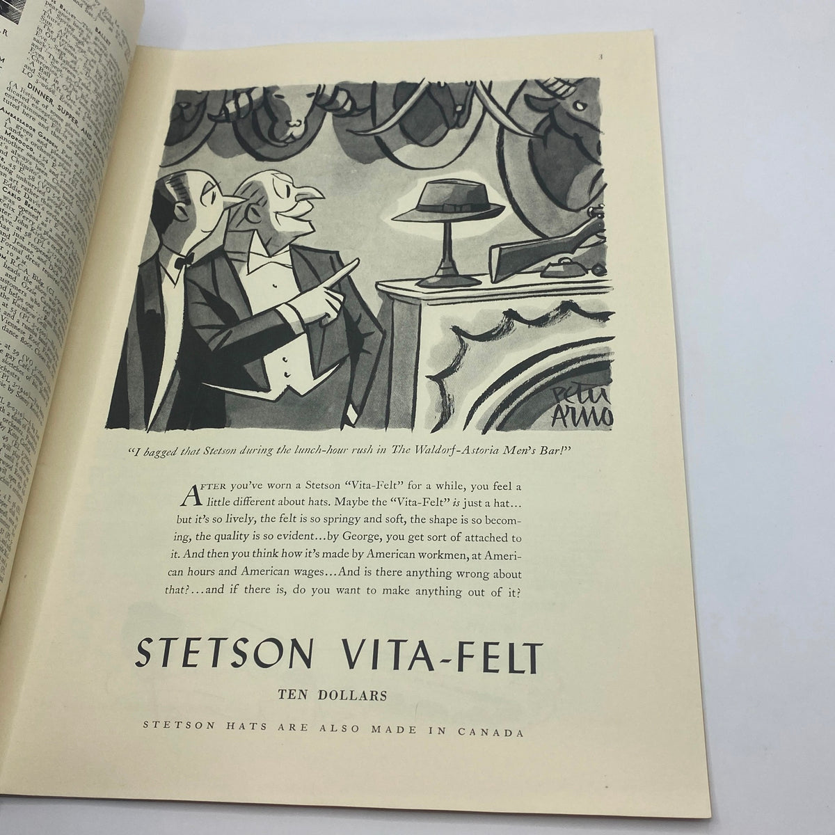 Illustrated advertisement for Stetson Vita-Felt hat in The New Yorker Complete Magazine September 27, 1941, showcasing a sophisticated conversation between two men about the quality of Stetson hats.
