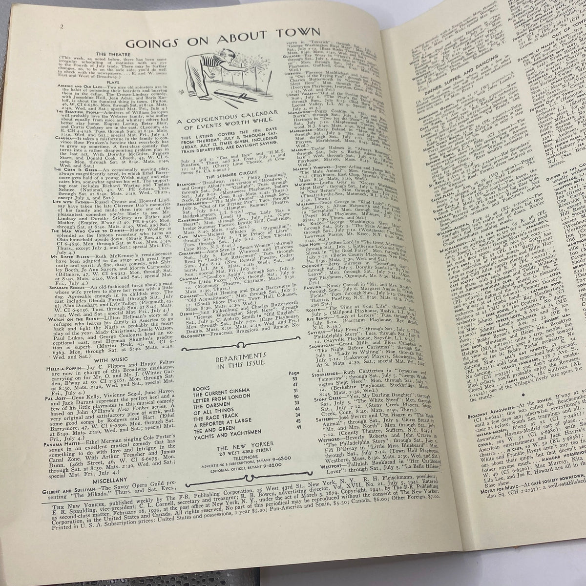 Interior page of The New Yorker magazine July 5, 1941, featuring article titled 'Goings On About Town' along with a calendar of events, highlighting the vintage layout and design of the magazine.