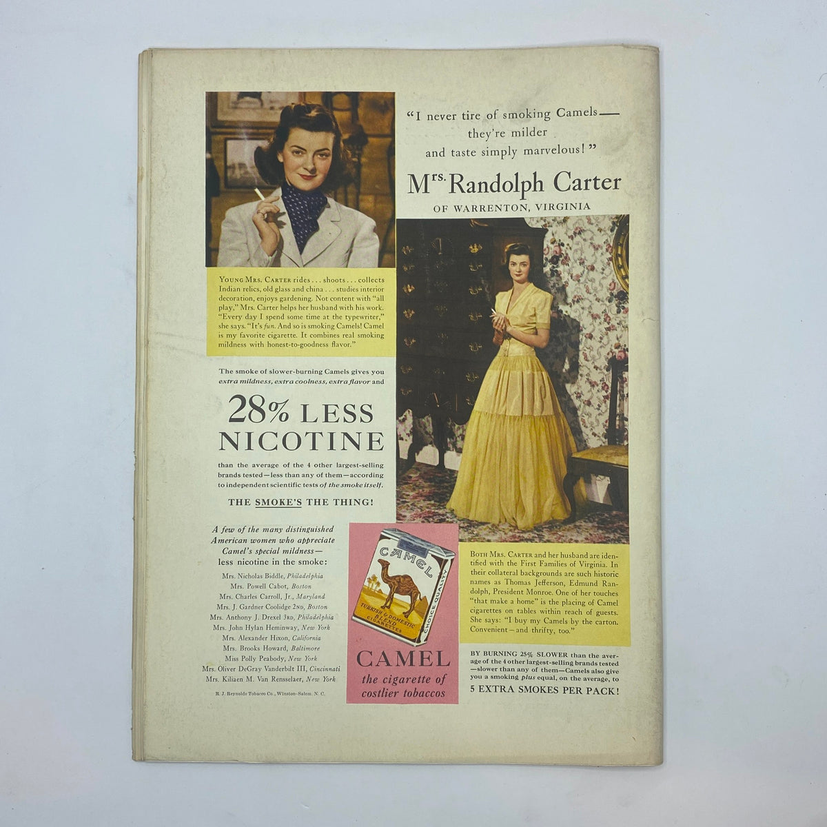 Back cover of The New Yorker magazine July 5, 1941, showcasing a vintage advertisement for Camel cigarettes featuring Mrs. Randolph Carter, emphasizing the nostalgic advertising style of the period.