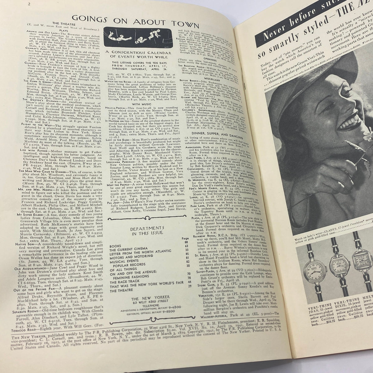 Inside spread of The New Yorker magazine dated April 19, 1941 featuring the 'Goings On About Town' section and event listings. The magazine showcases Ilonka Karasz's artistic style and modernist design.