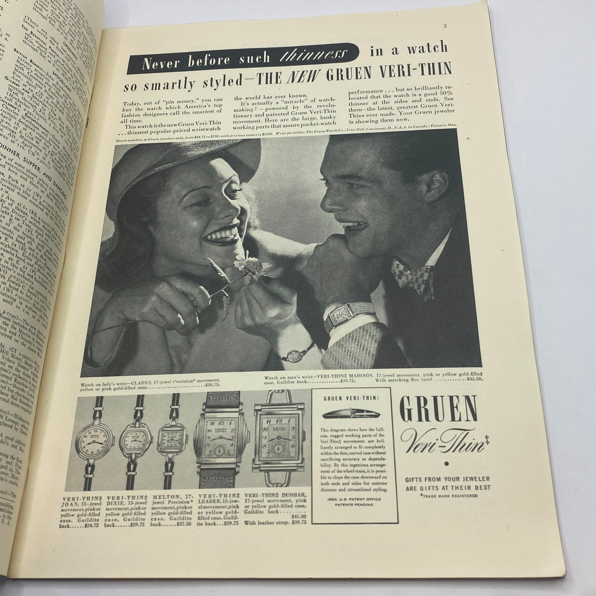 Advertisement page from The New Yorker magazine dated April 19, 1941 promoting the Gruen Veri-Thin watch, featuring a couple laughing and sharing a moment. The page highlights luxury and craftsmanship in watchmaking.