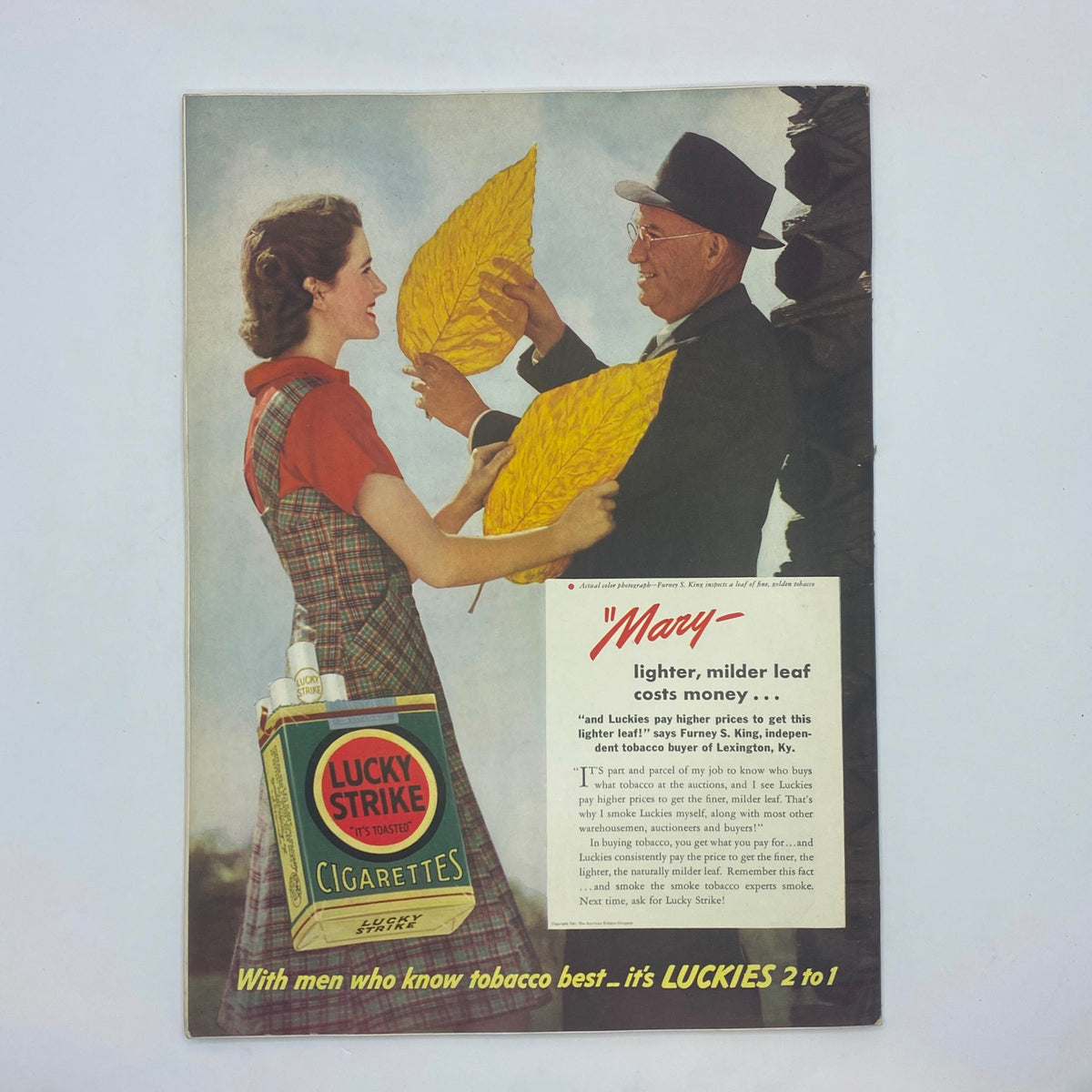 Back cover of The New Yorker magazine dated April 19, 1941 featuring a Lucky Strike cigarette advertisement, depicting a young woman and a man exchanging large tobacco leaves. The ad emphasizes the quality of its tobacco.