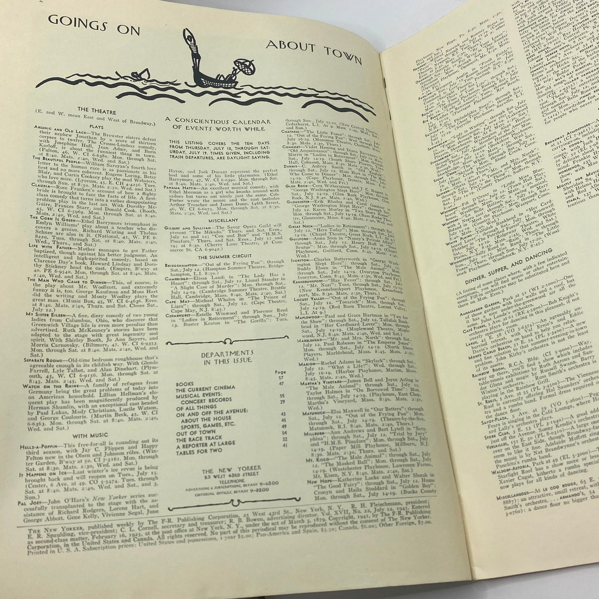 Inside view of The New Yorker Complete Magazine from July 12, 1941 featuring 'Goings On About Town' section and listings, showcasing vintage layout and typography.
