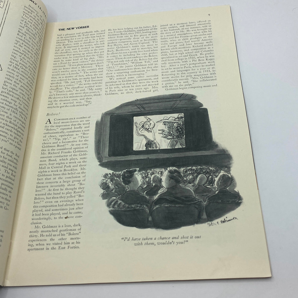 Interior page from The New Yorker magazine, July 12, 1941, featuring an illustration related to a discussion about the composition of a musical piece, emphasizing Garrett Price's artistic talent.