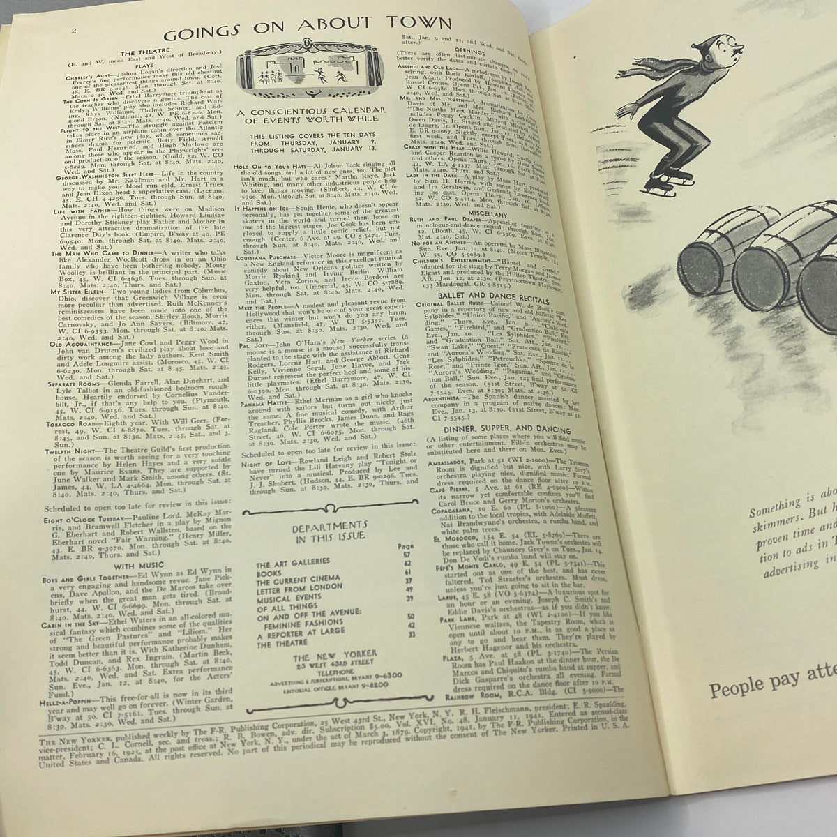 Interior page of The New Yorker magazine, January 11, 1941, featuring the 'Goings on About Town' section with listings and events, represented in vintage style.