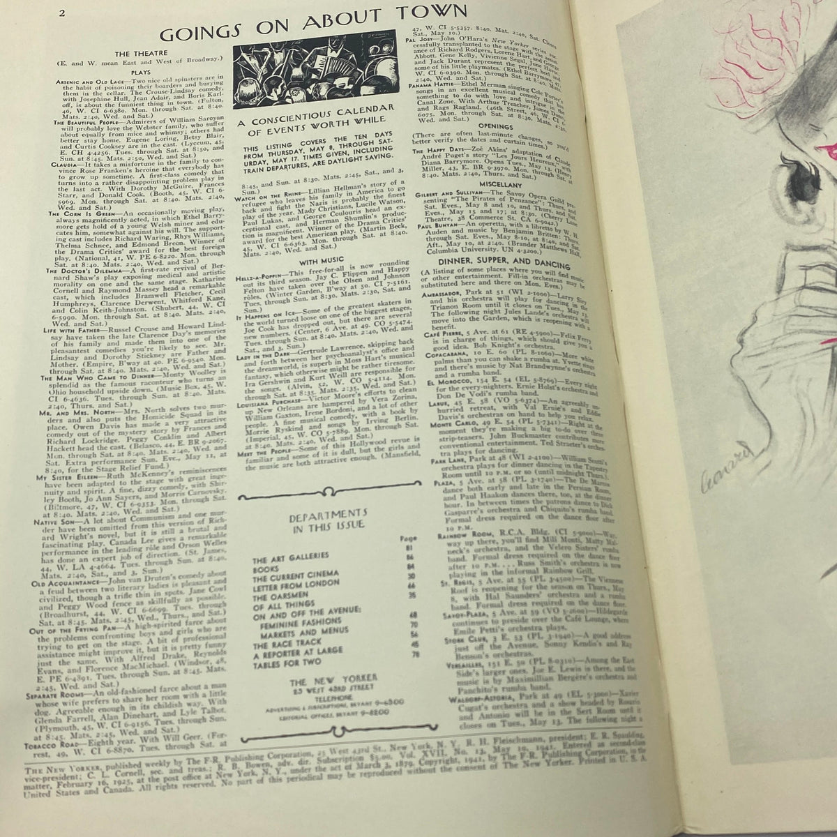 Page from The New Yorker magazine, May 10, 1941, featuring 'Goings on About Town' section with cultural events and listings. Includes vintage design elements and text content.