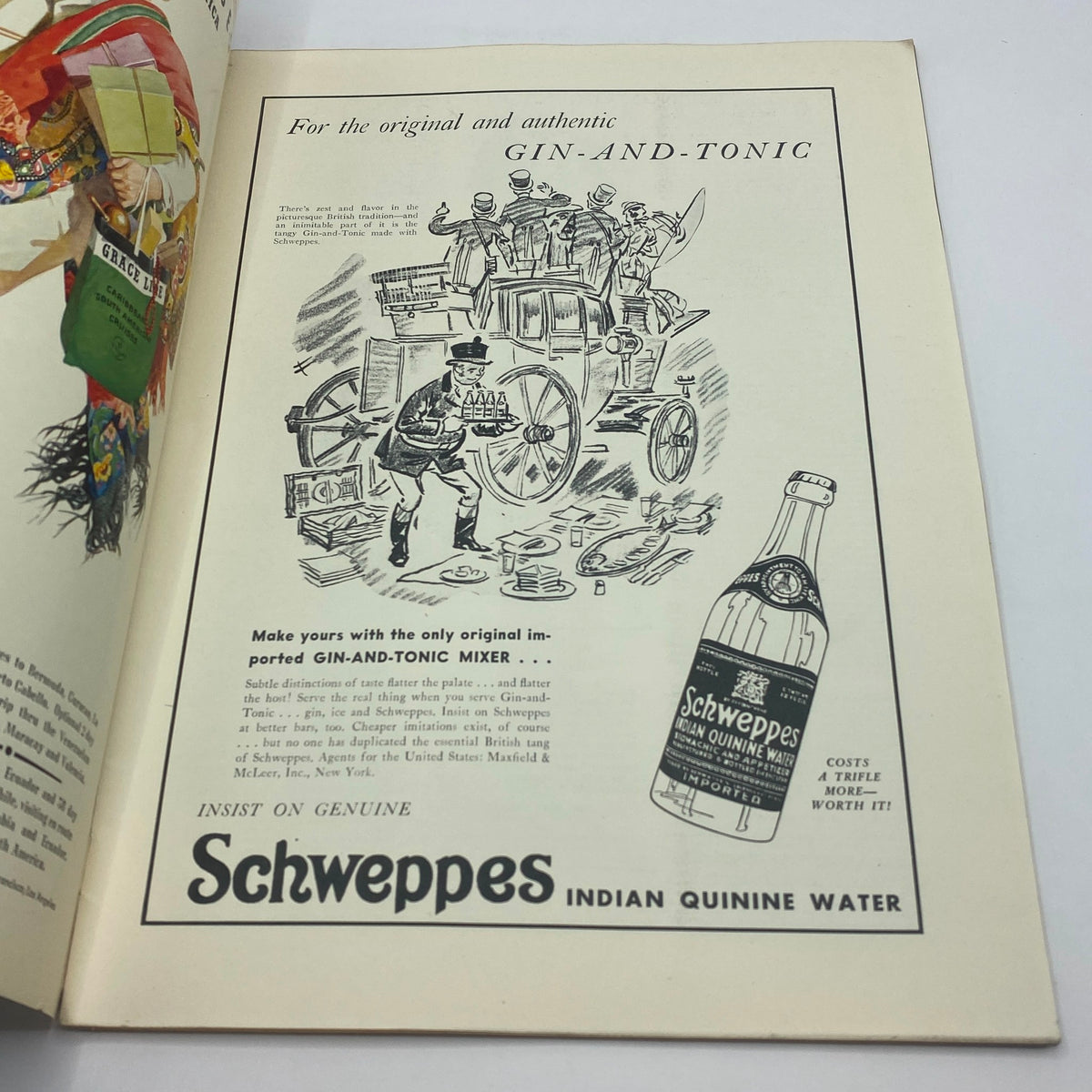 Vintage advertisement for Schweppes Indian Quinine Water in The New Yorker magazine, June 28, 1941, showcasing an illustration related to gin and tonic preparation. A great addition to historic magazine collections.
