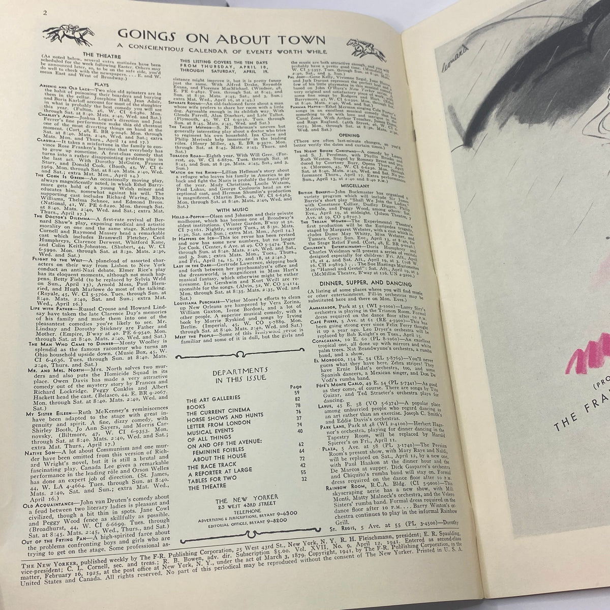 Interior page of The New Yorker magazine April 12, 1941 featuring 'Goings On About Town', highlights of theater and cultural events, and departments in the issue.