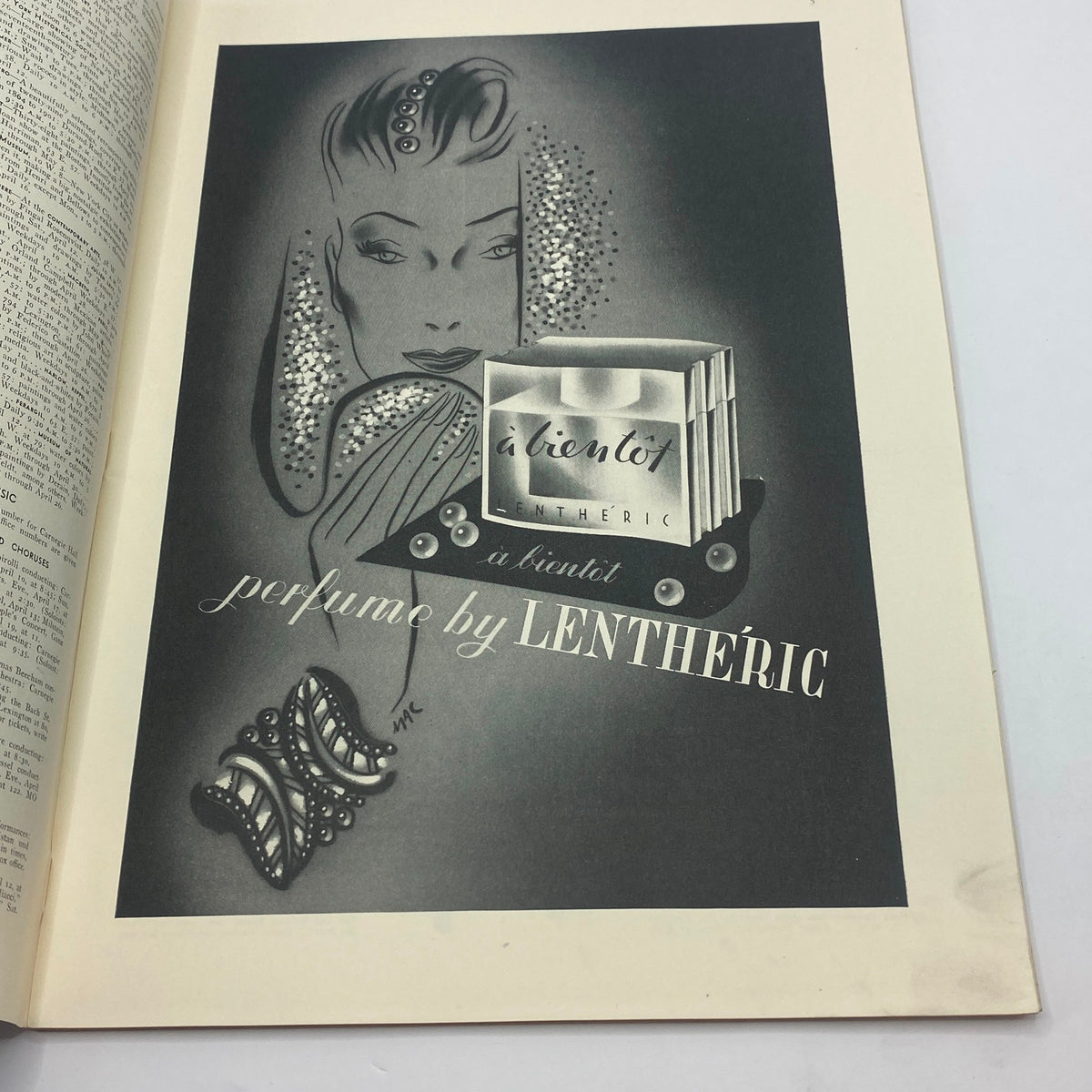 Advertisement page from The New Yorker magazine April 12, 1941 showcasing a perfume by Lentheric with an elegant design featuring a woman adorned with jewelry.