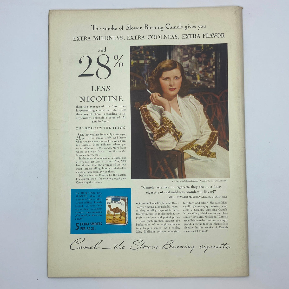 Vintage advertisement from The New Yorker magazine April 12, 1941 for Camel cigarettes, highlighting their extra mildness and flavor with a stylish model representing the brand.
