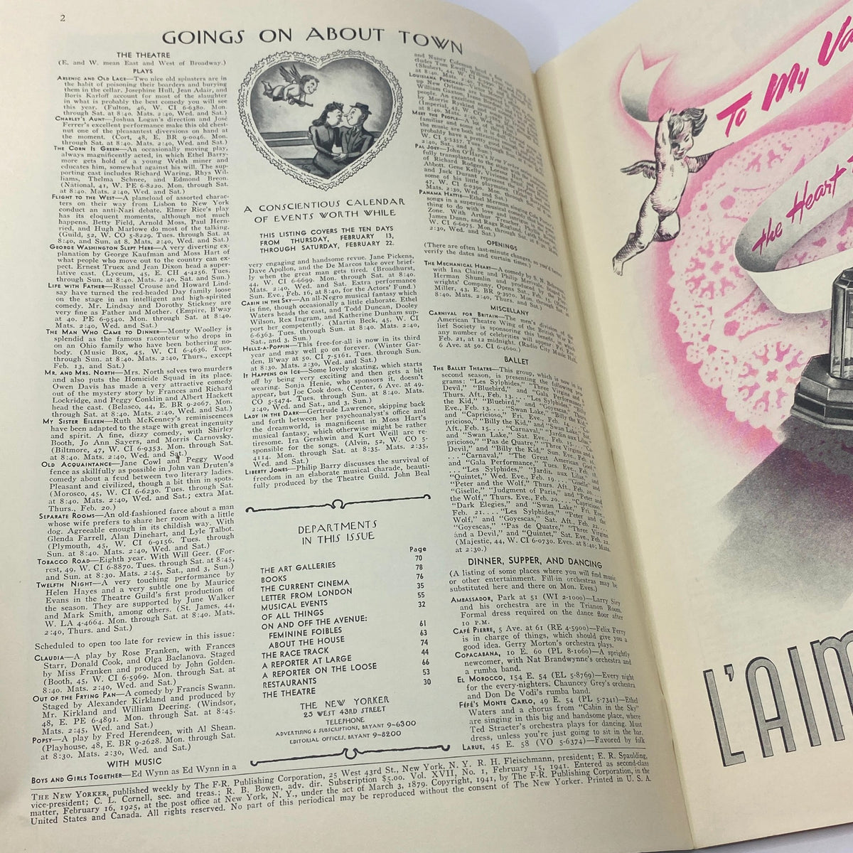Interior page of The New Yorker Complete Magazine February 15, 1941 featuring 'Goings On About Town' calendar of events and listings, highlighting the literary culture of the time.