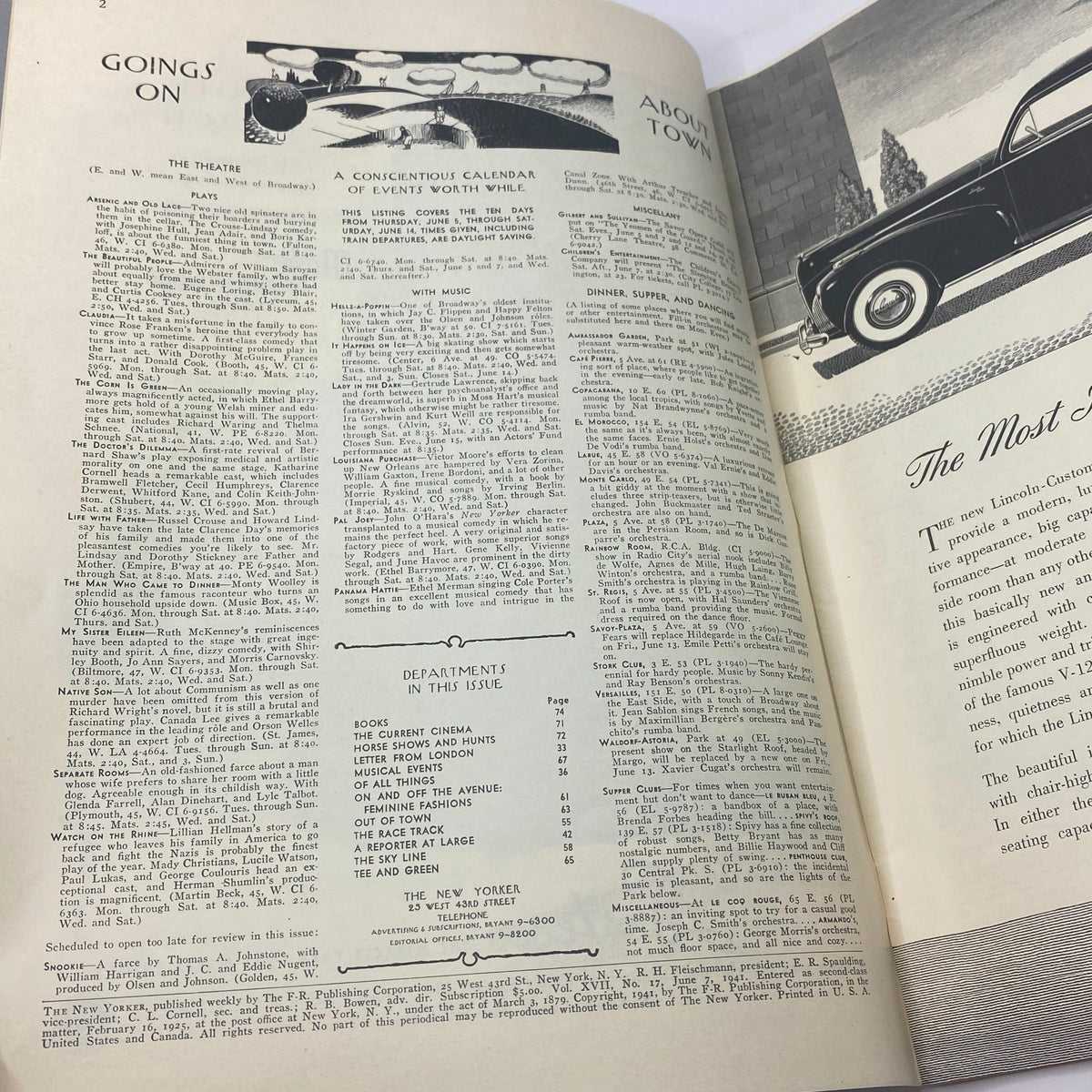 Interior page of The New Yorker magazine, June 7, 1941, featuring a calendar of upcoming events, with classic typography and black-and-white illustrations related to the arts.