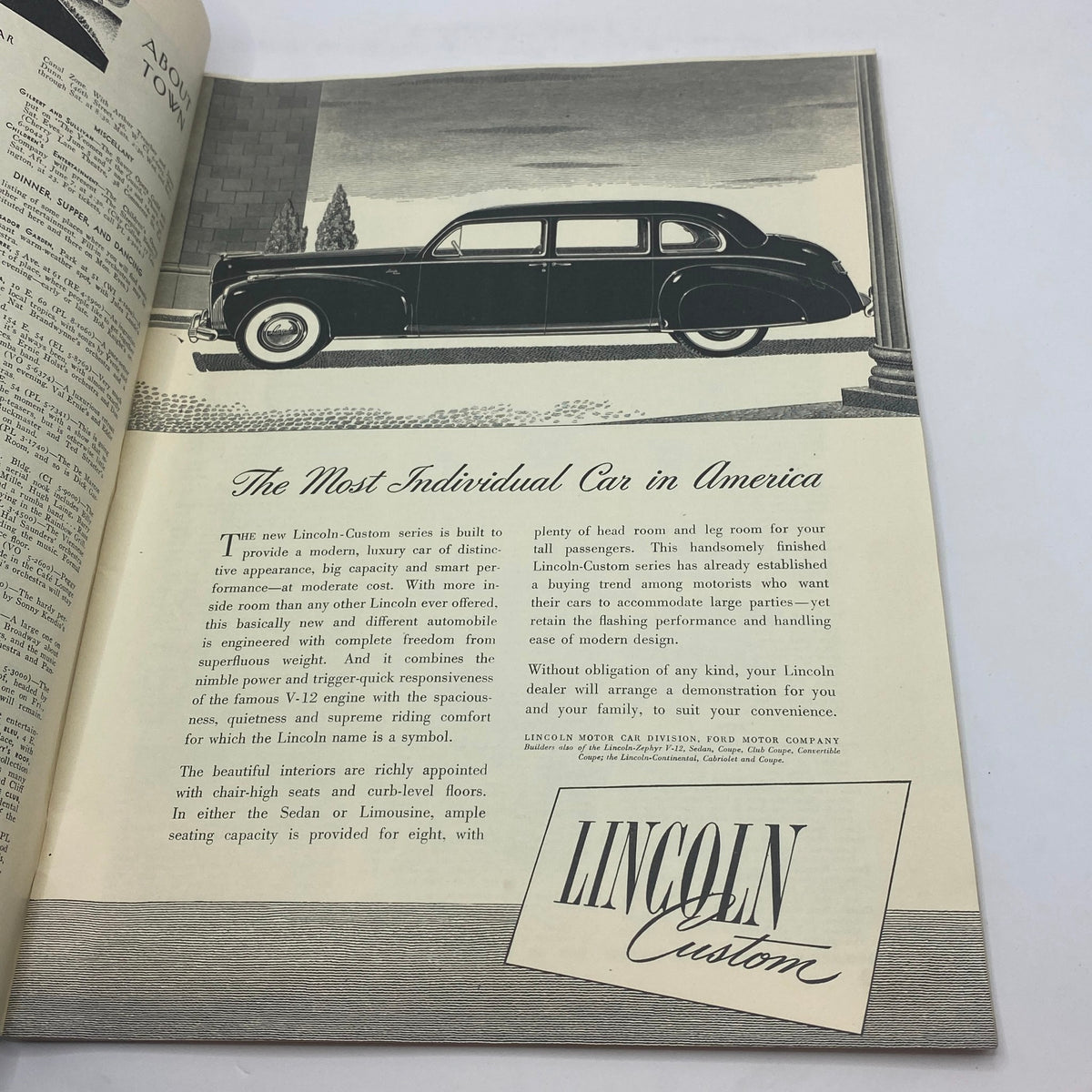 Advertisement page from The New Yorker magazine, June 7, 1941, showcasing the Lincoln Custom car with elegant illustrations and a description of its luxury features.