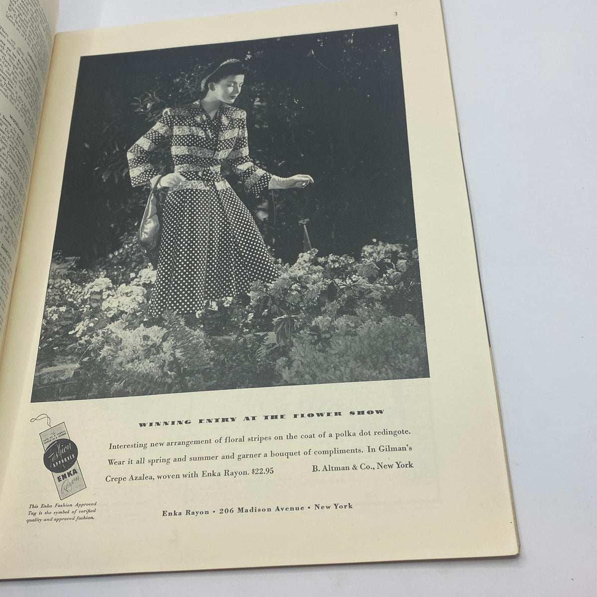 Fashion advertisement in The New Yorker March 29, 1941 issue depicting a model presenting floral striped coat and polka dot dress in a garden setting.