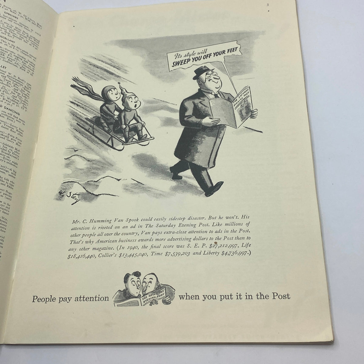 Humorous cartoon illustration from The New Yorker January 25, 1941 issue depicting two children on a sled and a man reading a newspaper, capturing the lighthearted nature of the magazine.