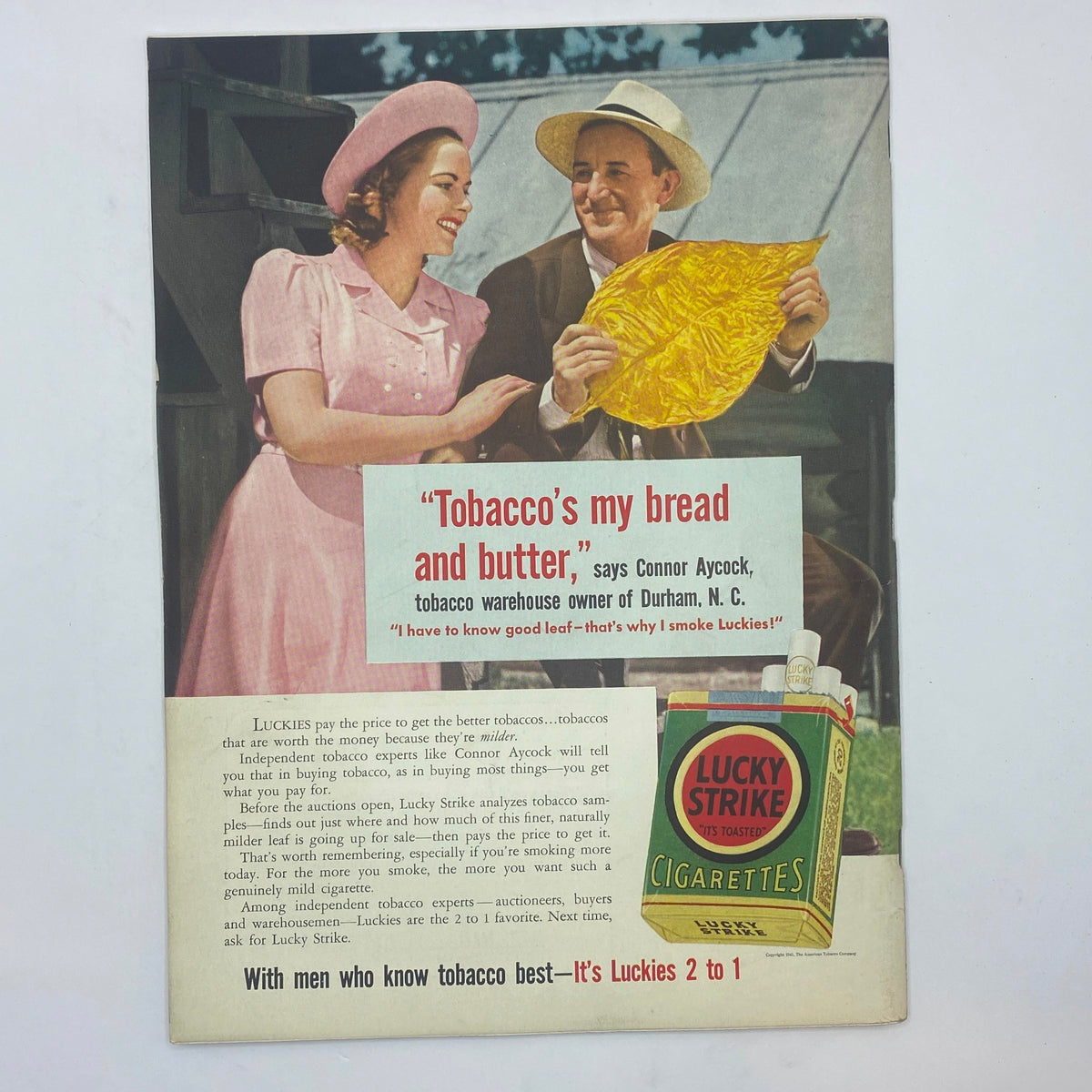 Vintage advertisement from The New Yorker January 25, 1941, featuring a man and a woman discussing tobacco, promoting Lucky Strike cigarettes, illustrating classic advertising style of the era.