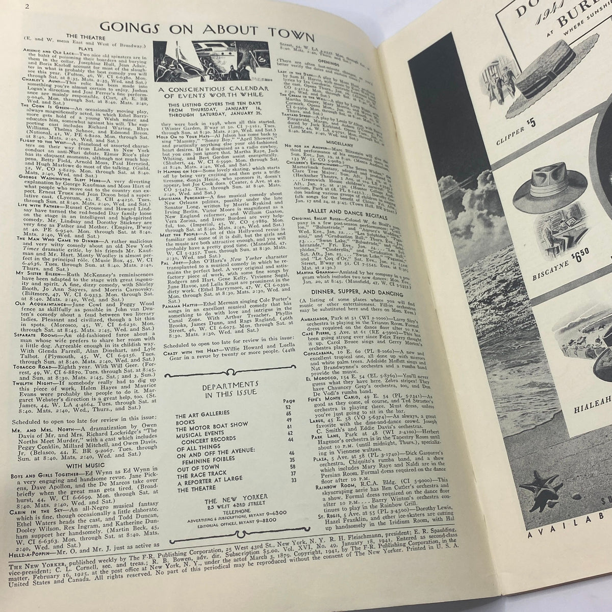 Interior page from The New Yorker magazine, January 18, 1941, featuring 'Goings On About Town' section, with listings for theater, ballet, dance recitals, and other events. Title: The New Yorker Complete Magazine January 18, 1941 Perry Barlow Cover.