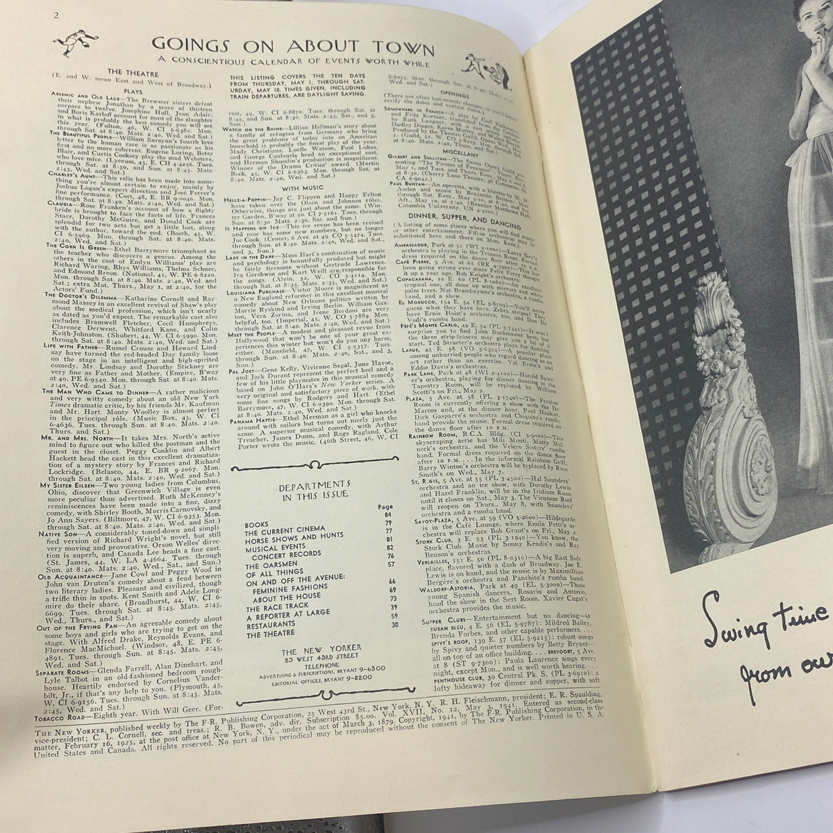 Interior page of The New Yorker magazine, May 3, 1941, showcasing the 'Goings On About Town' section, detailing cultural events and activities, underlined by the vintage design and layout characteristic of that era.