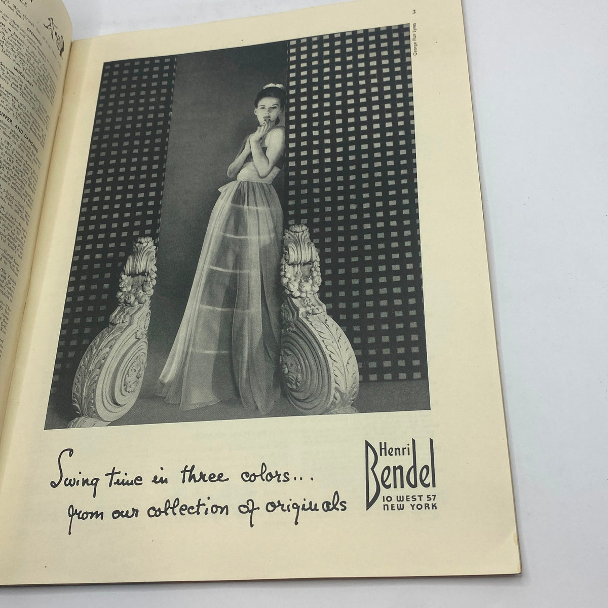 Fashion advertisement featuring a model in a sheer gown from Henri Bendel, presented in The New Yorker magazine, May 3, 1941, capturing the essence of 1940s style and elegance.