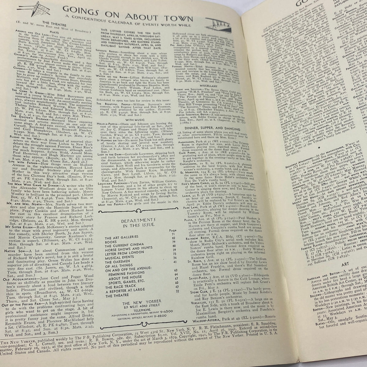 Inside spread from The New Yorker magazine, April 26, 1941, featuring the 'Goings on About Town' calendar of events section, showcasing the vibrant culture of New York City.