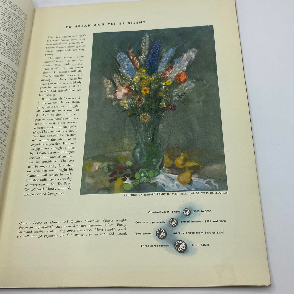 Inside page of The New Yorker magazine, April 26, 1941, displaying a painting of flowers by Bernard Lamotte, M.L. from the De Beers collection, highlighting art and jewelry advertisements.